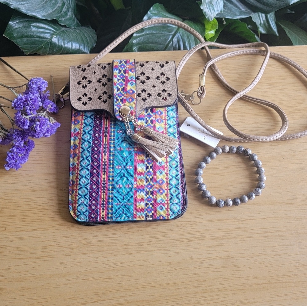 Bohemian Patterned Crossbody Phone Bag With Handcrafted Stone Bracelet.